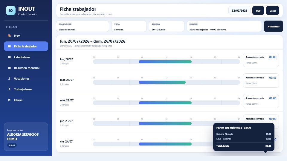 Ficha semanal del trabajador con jornada y detalle de horas
